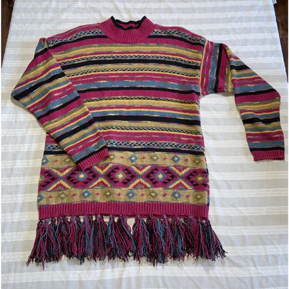 Vintage 90s Lizwear Western Aztec Boho Knitted Sweater Fuchsia Black Size Small - Picture 1 of 11